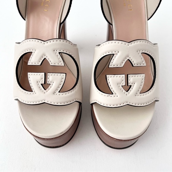 GUCCI | Interlocking GG White Chunky Platform Sandal Wood Heel Cosmos Softy 36 - Picture 4 of 13